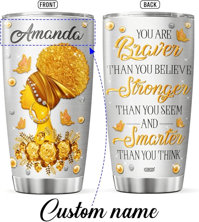 Personalized Coffee Tumbler African Travel Mug With Lid Custom Name Birthday Gifts For Adults Girls Black Women Insulated Cup Cold Steel Tumblers Inspirational Quote Jewelry Style