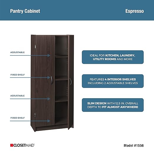 ClosetMaid Pantry Cabinet Cupboard with 2 Doors, Adjustable Shelves, Standing, Storage for Kitchen, Espresso