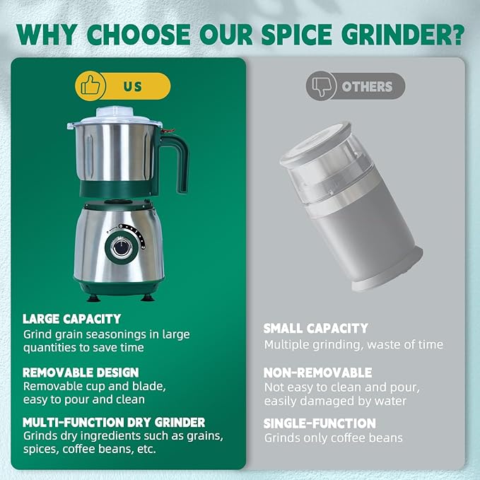 Spice Grinder Electric,Herb Nut Grinder for Kitchen,Detachable Espresso Grinders with Stainless Steel Blades,Filter and Brush, 500w Dry and Wet Grain Mill for Coffee,Rice,Bean,Seasoning (Green-X)