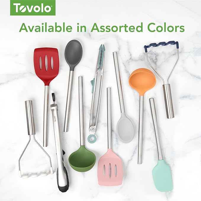 Tovolo Silicone Cooking Utensil Set of 6 Pink Sorbet Ladle Slotted Turner Tongs Flex Core Spatula Scraper Mixing Spoon and Potato Masher, Dishwasher Safe BPA Free Silicone Kitchen Utensils