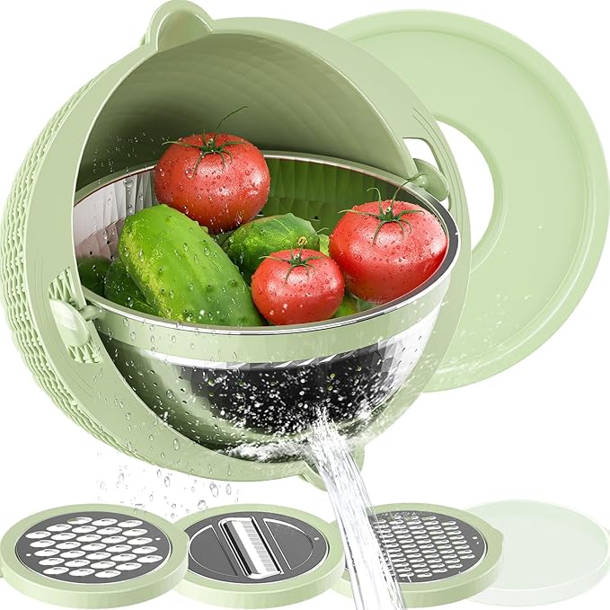 4-1 Colander with Bowl Set - Strainers for Kitchen, Food Strainers and Colanders, Pasta Strainer, Rice Strainer, Fruit Cleaner, Veggie Wash, Salad Spinner, Aesthetic Kitchen Essentials - Green