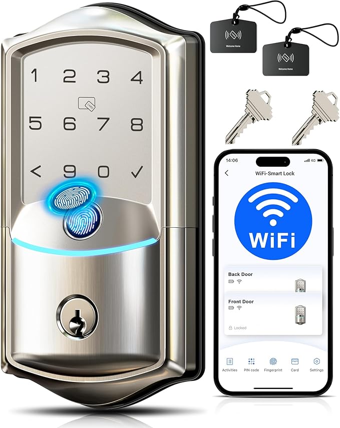 Veise VE027 Built-in Wi-Fi Smart Lock, Fingerprint Keyless Entry Front Door Lock, App Remote Control, No Hub Needed, Keypad Deadbolt, IP65 Waterproof, Auto Lock, BHMA Grade 3, Satin Nickel