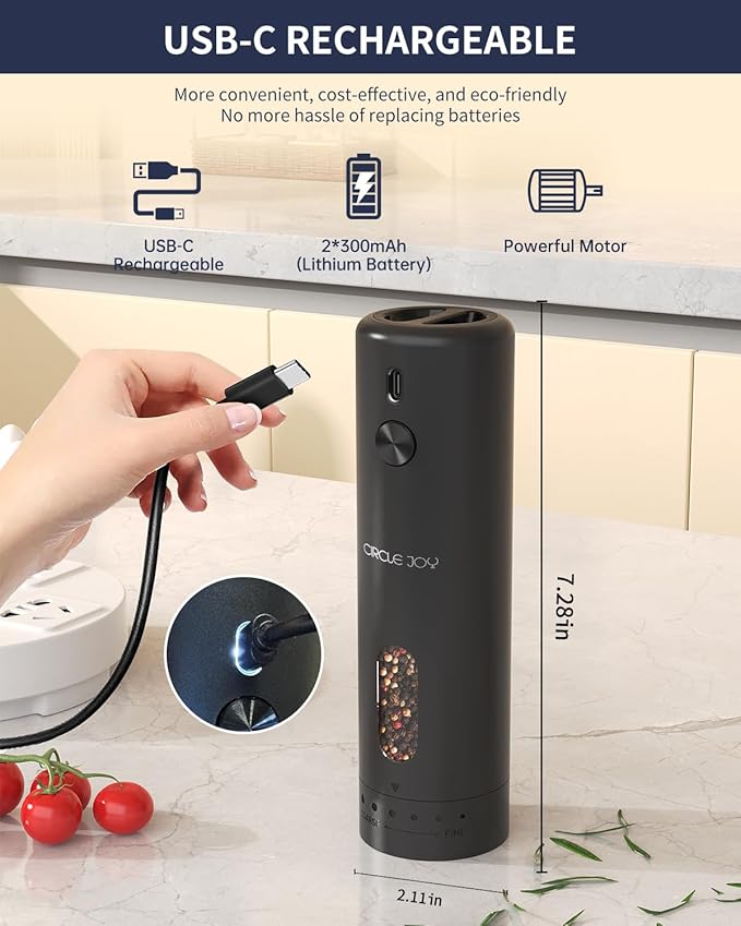 CIRCLE JOY Rechargeable Electric Salt and Pepper Grinder Set with Base, Automatic Pepper Mills with 110ml Container, External Adjustable Coarseness, White Led Light and One-Handed Operation, Black