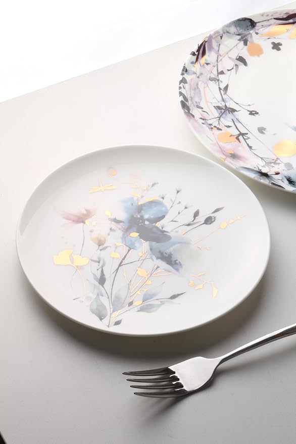 KOKEN Blue Dragonfly Ceramic Dinnerware Set - 4 Piece Plates and Bowls, Microwave Safe