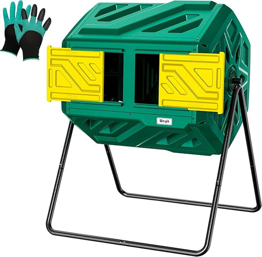 43 Gallon Compost Bin with Gloves, Fast Assembly & Easy Setup Outdoor Compost Tumbler, Updated Dual Chamber Tumbling Composter for for Garden, Kitchen, and Yard Waste, Green
