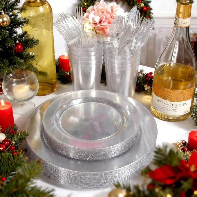 WDF 120PCS Silver Plastic Plates- Disposable Silver Glitter Plates, Premium Heavy Duty 60-10.25" Dinner Plates and 60-7.5" Salad Plates for Christmas Parties &Wedding