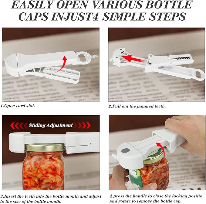 7 in 1 Jar Opener Bottle Opener and Wine Opener for Seniors with Arthritis, Weak Hands, Multi Retractable Magnetic Can Opener, Original Kitchen Lid Opener Tool (White)
