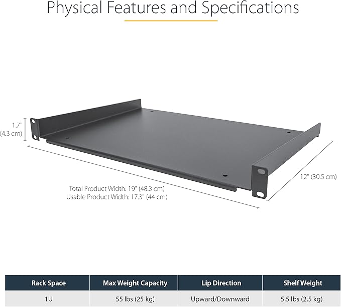 StarTech.com 1U Server Rack Shelf - Universal Rack Mount Cantilever Shelf for 19" Network Equipment Rack and Cabinet - Durable Design - Weight Capacity 55lb/25kg - 12" Deep Tray (SHELF-1U-12-FIXED-S)