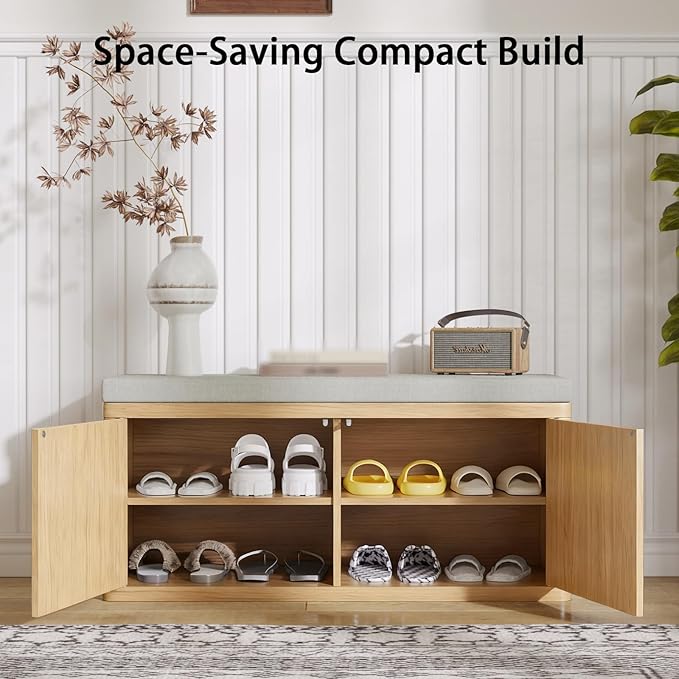 Entryway Shoe Storage Bench with 2" Cushion, 37.4" Small Bench with Shoe Rack, Cabinet Organizer for Hallway，Bedroom End of Bed,Light Oak