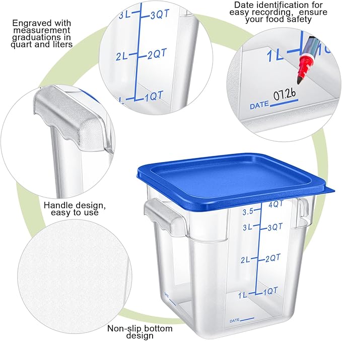 Maxcheck 4 Pcs 4qt Food Storage Container with Lids Bulk Clear Commercial Food Storage Bins with Scale Handle Space Saving Restaurant Tubs for Kitchen Prep Proof Dough Marinating Meat(Multicolor)