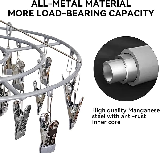 Stainless Steel Laundry Drying Rack Clothing Sock Drip Clothes Drying Hanger with 24 Clips, Swivel Windproof Hook Round Heavy Duty Underwear Hanger for Indoor Outdoor Wet and Dry (Grey)