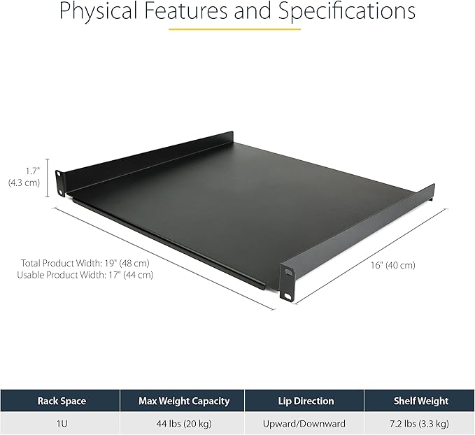 StarTech.com 1U Server Rack Shelf - Universal Rack Mount Cantilever Shelf for 19" Network Equipment Rack & Cabinet - Heavy Duty Steel – Weight Capacity 44lb/20kg - 16" Deep Tray, Black (CABSHELF116)
