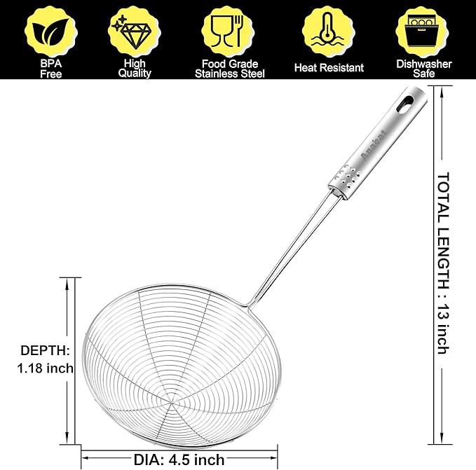 Anaeat 4.5" Stainless Steel Spider Skimmer, Professional Kitchen Pasta Strainer Spoon with Long Handle - Asian Strainer Ladle Wire Skimmer Spoons for Cooking and Frying