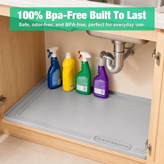 Under Sink Mat 22" X 19", Waterproof Silicone Under Sink Mats for Kitchen, Anti-Leak Shelf Liner & Cabinet Protector with Raised Edge, [BPA Free] Bathroom Tray Home Organizer, Light Grey