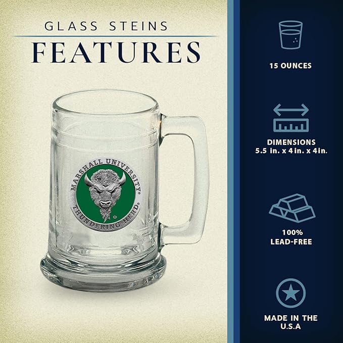 Heritage Pewter Marshall University Beer Stein Glass | 15 Ounce German-Style Beer Glass | Intricately Crafted Metal Pewter Alma Mater Inlay