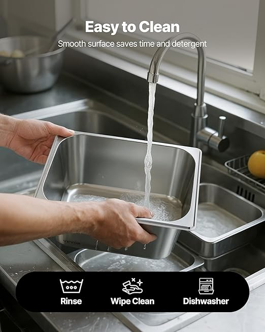 VEVOR 2 Pack Stainless Steam Hotel Pans, 1/2 Size Table Steam Pans With Lids, 6 Inch Deep, Anti Jam Restaurant Supplies Reusable Catering Storage for Home, Party, Restaurant, Hotel, Buffet
