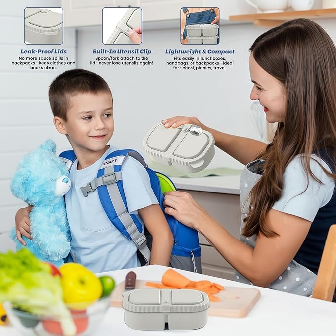 Silicone Snack Containers for Kids (8.5Oz, 2-Compartment)+ Kids Silicone Cutlery Set (Spoon and Fork) - BPA Free, Leak Proof, Great for Toddler/Kid/Adult Meal Prep Containers (White)