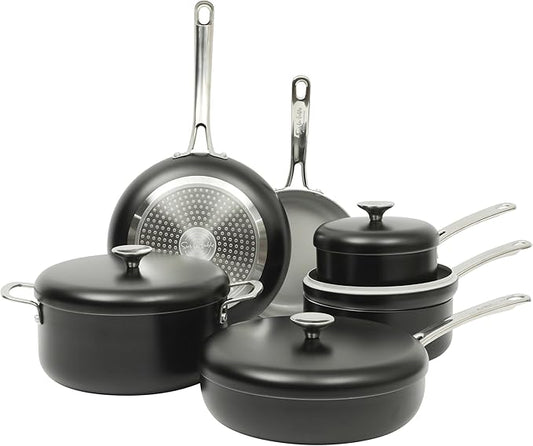 Sur La Table Kitchen Essentials Potluck Porch 10 Piece PFA Free Ceramic Non stick Interior Forged Aluminum Cookware Pots and Pans Set W/Aluminum Lids - Black - Induction Compatible