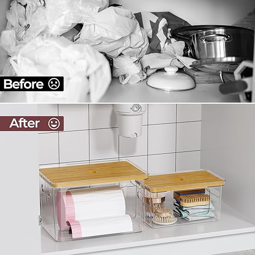 Delamu 2 Pack Acrylic Trash Bag Holder, Stackable Garbage Bag Dispenser with Bamboo Lid, Clear Organizer Bins for Under Sink Organization, Pantry Storage, Cabinet, Kitchen, Laundry, Bathroom