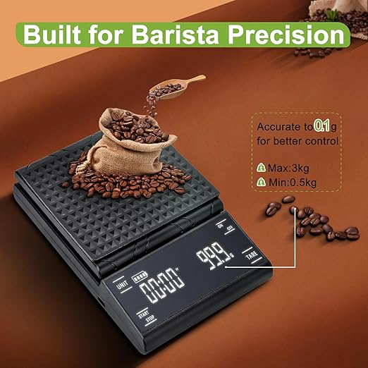Coffee Scale with Timer, Espresso Scale & Coffee Bean Scale - 3kg/0.1g Precise Small Digital Kitchen Scale for Espresso Accessories Kit, Pour-Over, and Multi-Purpose Use (Batteries Included)