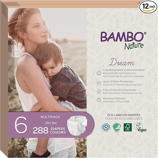 Bambo Nature Hypoallergenic Dream Baby Diapers, Premium Eco-Labeled Sustainable Diapers, Enhanced Leakage Protection, Totally Chlorine-free, Skin Friendly, and Super Absorbent - Size 6 (288 Count)