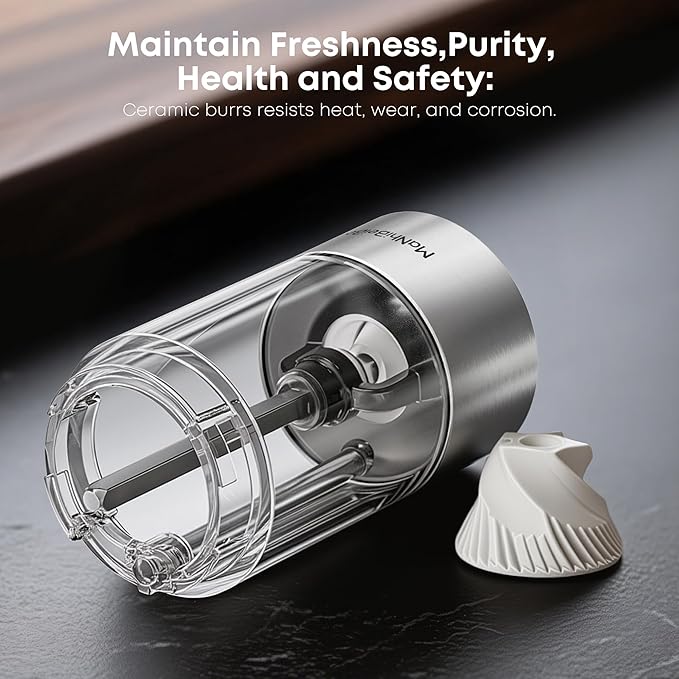 Electric Salt and Pepper Grinder Set One-hand Operated, Adjustable Coarseness, Stainless Steel body Ceramic Burrs,Pepper Shakers Mills with LED Light,House Warming Cooking Gift (2)