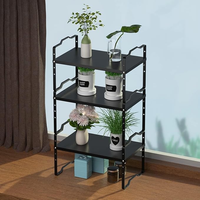 Expandable Shelf for Cabinet Organizer Adjustable and Stackable Spice Rack at Kitchen and Bathroom More, Counter Countertop Cupboard Organization Pantry Storage(LARGE/3PACKS/BLACK)