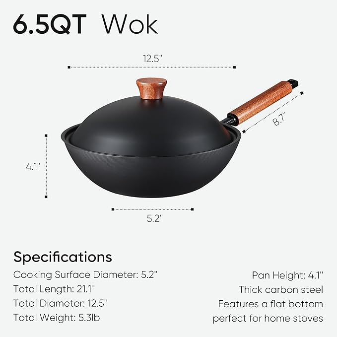CAROTE 12.5" Carbon Steel Wok Pan, 6.5QT Woks & Stir-fry Pans, No Chemical Coated Pre-Seasoned Flat Bottom Wok with Lid for Stir Fry, BBQ, Grill & Camping, All Stovetop Compatible, Black