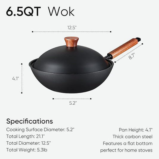 CAROTE 12.5" Carbon Steel Wok Pan, 6.5QT Woks & Stir-fry Pans, No Chemical Coated Pre-Seasoned Flat Bottom Wok with Lid for Stir Fry, BBQ, Grill & Camping, All Stovetop Compatible, Black
