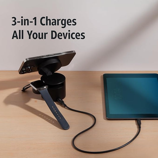AT&T Essential 3-in-1 Portable Power Drum Qi2 Wireless Charger and Powerbank Compatible with iPhone 15 14 13 12 Series Magnetic Fast Charging Stand with Watch Charger USB-C Out Travel Hub Black