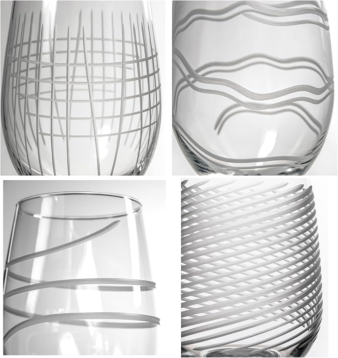 Rolf Glass Symmetry All Purpose Wine Glass | 18oz Large Wine Glasses | Made in the USA | Mixed Contemporary Designs - Twist, Cyclone, Matchstick, Good Vibrations | Set of 4