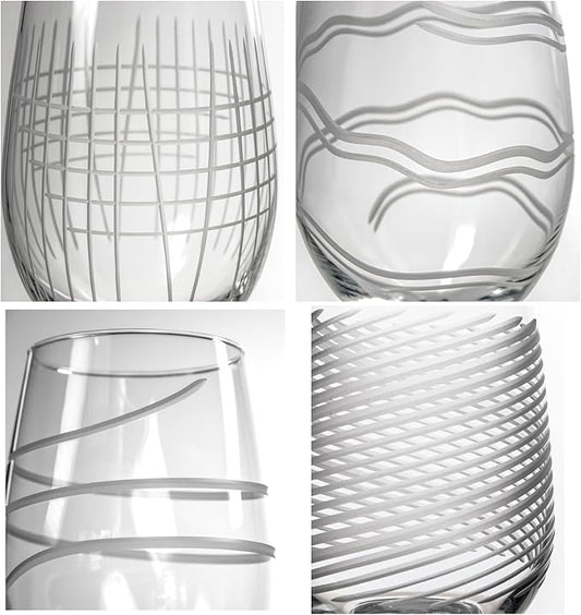 Rolf Glass Symmetry All Purpose Wine Glass | 18oz Large Wine Glasses | Made in the USA | Mixed Contemporary Designs - Twist, Cyclone, Matchstick, Good Vibrations | Set of 4