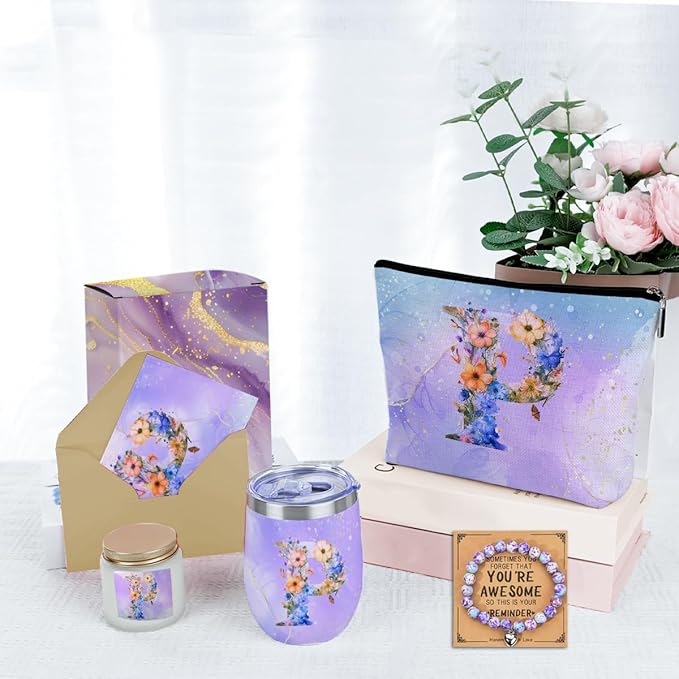 Personalized Gifts for Women Monogrammed Birthday Gifts for Women, Wife Girlfriend Wedding Christmas, Initial Wine Tumbler Makeup Bag Scented Candle Bracelet Set, (Aesthetic Purple Flower P)