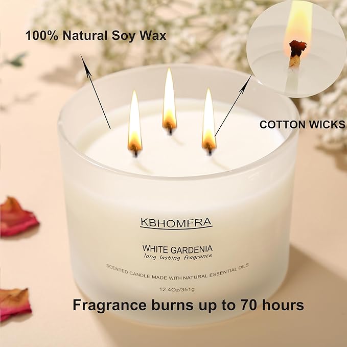 Scented Candle for Home, Patchouli Gardenia Candles Essential Oils, Soy Wax 12.4oz Big Candle,3-Wick 70 Hours Burn,for Festival Luxury Christmas Gift,Sleep Relaxation Ambience