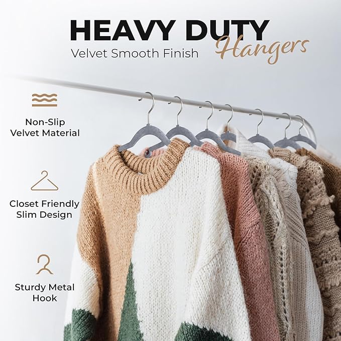30 Pack Velvet Hanger for Shirt Pants Dresses Skirts Suits Jackets - Slim Space Saving Design - Standard Coat Hanger - Sturdy & Durable Design with Shoulder Grooves Hook - Grey