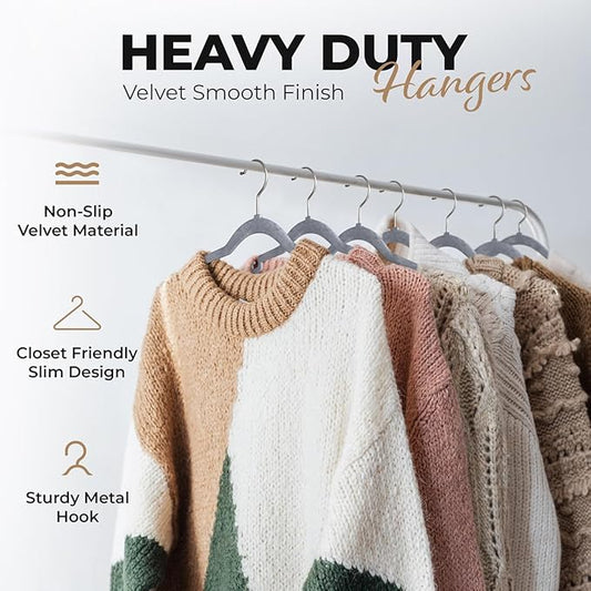 50 Pack Velvet Hanger for Shirt Pants Dresses Skirts Suits Jackets - Slim Space Saving Design - Standard Coat Hanger - Sturdy & Durable Design with Shoulder Grooves Hook - Grey