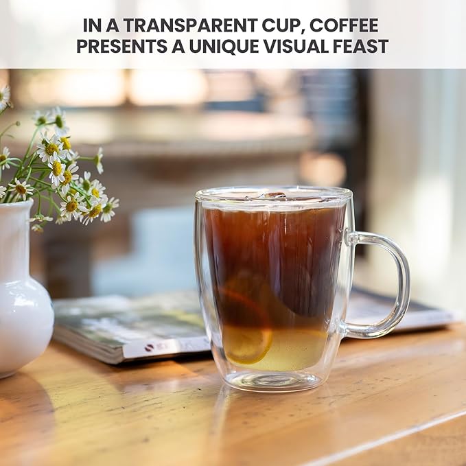 YUNCANG Double Wall Glass Coffee Mugs (4-Pack) - 12 Ounces Clear Glass Coffee Cups with Handle, Insulated, Heat Resistant
