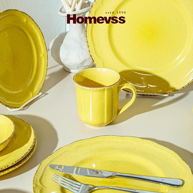 20pc Dinnerware Set, Plate and Bowl Set, Stoneware Dishes Set for 4, Microwave and Dishwahser Safe, Scratch Resistant, French Countryside Speckled Antique Yellow