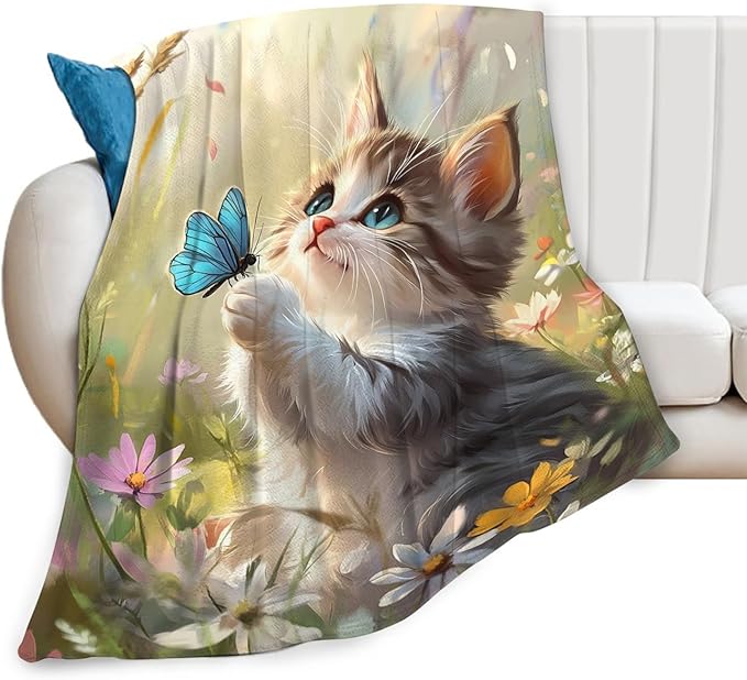 Cat Blanket Gifts for Girls Boys Blue Butterfly Throw Blankets Cozy Plush Cute Flower Fleece Lightweight Flannel Fuzzy 50"X40"