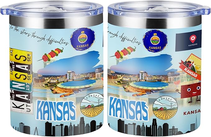 12oz Coffee Mug Kansas State Insulated Coffee Cups, United States Map Travel Mug Landmark, Birthday Gifts Cute Mugs with Lid and Straw Mothers Day Gifts