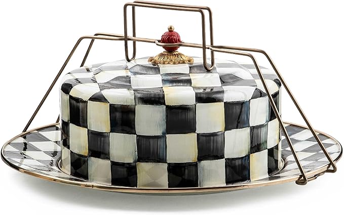 MACKENZIE-CHILDS Enamel Cake Carrier, Cake-Dish Serving Platter with Lid and Handles, Black-and-White Courtly Check