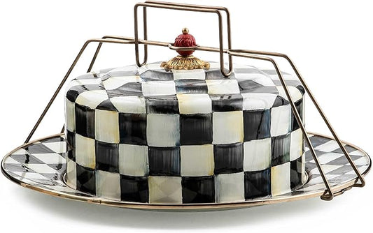 MACKENZIE-CHILDS Enamel Cake Carrier, Cake-Dish Serving Platter with Lid and Handles, Black-and-White Courtly Check