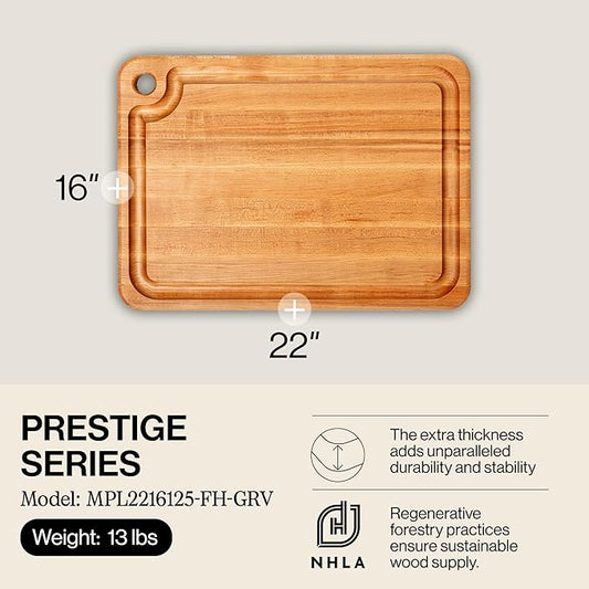 John Boos Prestige Series Rectangular Wooden Maple Cutting Board 22”x16” – 1.25” Thick, 13-lb Reversible Butcher Block with Juice Groove, Edge-Grain & Finger Grip Hole – Made in the USA