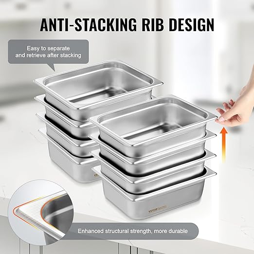 VEVOR 8 Pack Hotel Pans with Lids, 1/2 Size Anti-Jam Steam Pan, 0.8mm Thick Stainless Steel Steam Table Pan, 4-Inch Deep Commercial Table Pan, Catering Storage Food Pan, for Industrial & Scientific