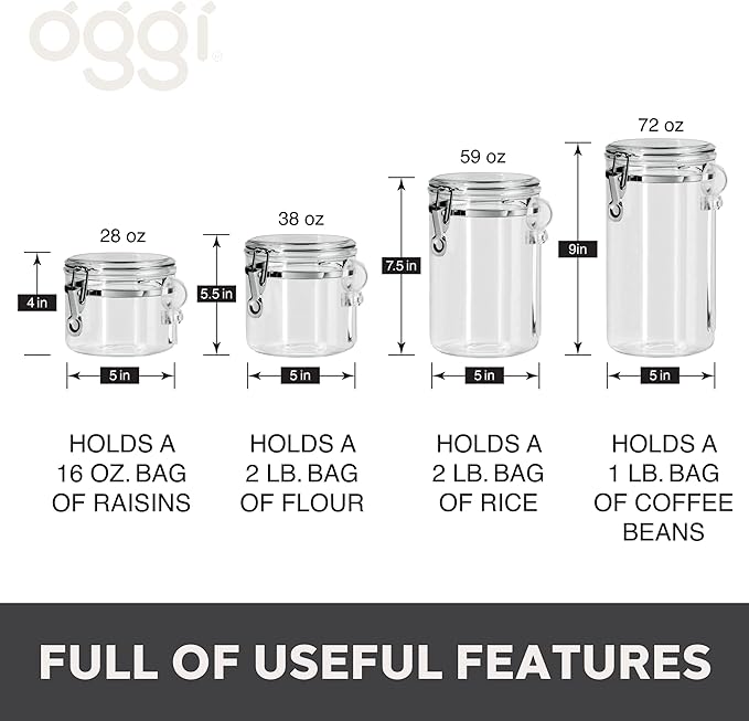 Oggi 4pc Clear Canister Set with Clamp Lids & Spoons - Airtight Food Storage Containers, Ideal for Kitchen & Pantry Storage of Bulk, Dry Food Including Flour, Sugar, Coffee, Rice, Tea, Spices & Herbs
