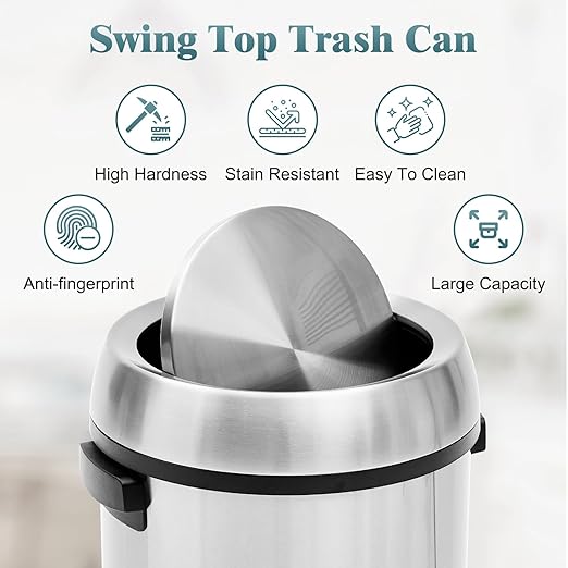 Garvee 17 gal Trash Can, Fingerprint-Proof Stainless Steel Swing Top Garbage Can, Heavy Duty Commercial Round Trash Bin with Swing Lid for Restaurant, Home, Office, Silver