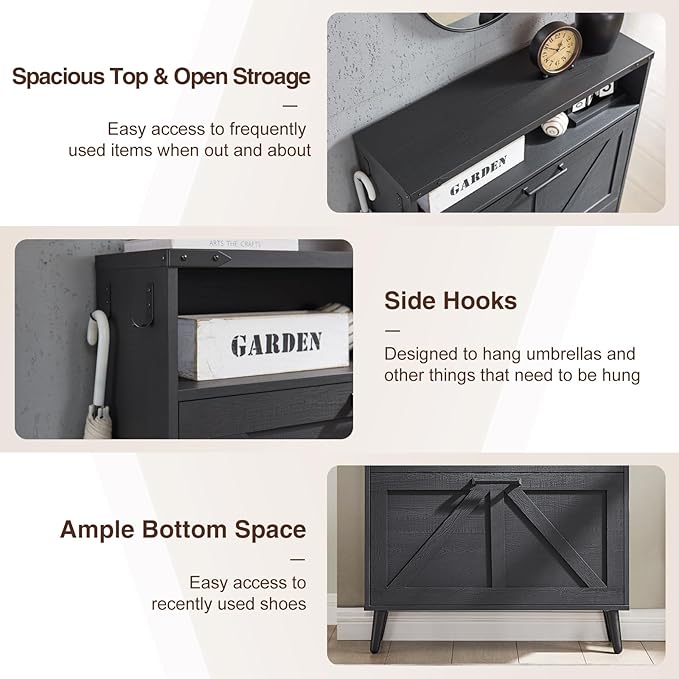 Shoe Storage Cabinet, Farmhouse Shoe Organizer with 2 Flip Drawers & Barn Door,Freestanding Hidden Slim Narrow Shoe Rack Cabinet with Open Storage for Entryway, Foyer, Black