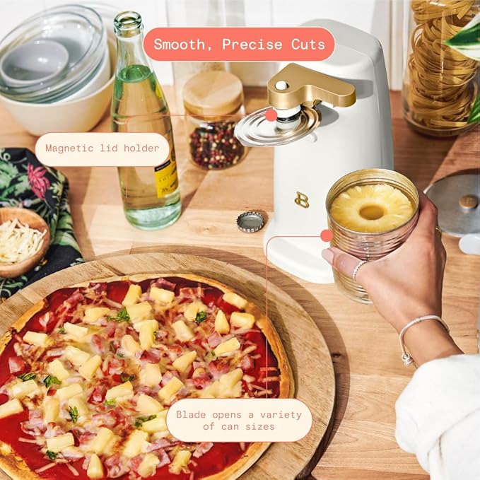 Beautiful Electric Can Opener with Auto-Turn, Magnetic Lid Holder, Knife Sharpener, Bottle Opener, Removable Lever, Cord Storage, No-Tilt Base, Stainless Steel Blade, 70W (White Icing)
