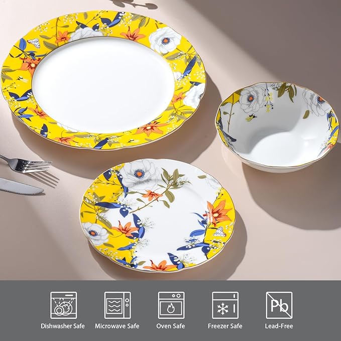 Exquisite ceramic tableware 3 Piece Bone China Modern Round Dishes Sets,Dinnerware dishset for Kitchen,Dinner Plate,Dessert Plate,Soup Bowl,Yellow flowers