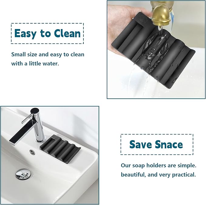 Silicone Soap Dish, Self Draining Soap Holder Perfect for Shower, Bathroom Sink, Kitchen Sink & Travel, Non-Slip Bar Soap Holder Extend Soap Life, Keep Soap Bars Dry Clean & Easy Cleaning (Black-1PCS)
